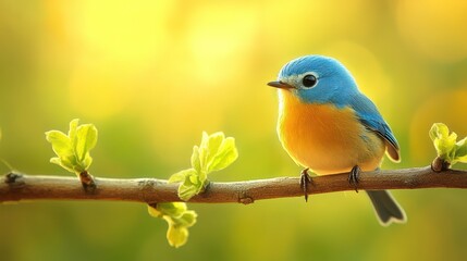Fototapeta premium Small blue and orange bird perched on a branch with new leaves, bathed in golden sunlight.