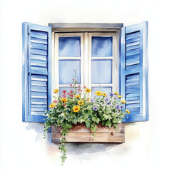 Illustration painted with blue window and flowers create charming vibe