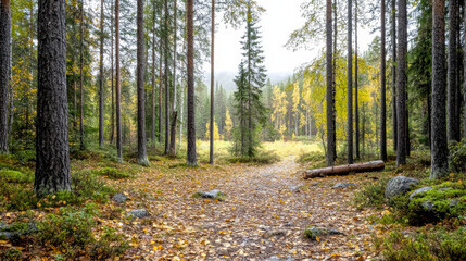 Obraz premium serene forest path surrounded by tall trees and golden autumn leaves