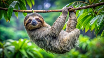 Fototapeta premium Charming Sloth Hanging from Tree Branch in Lush Jungle Environment