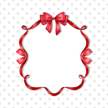 recommend clip art: Frame of red ribbons and bows on the polka dot background in vintage style.