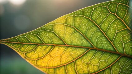 Obraz premium Leaf Vein Details: A close-up reveals the intricate network of veins within a vibrant green leaf, backlit by sunlight, showcasing the beauty of nature's design. 