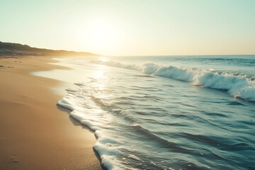 Fototapeta premium minimalist sea landscape with waves an sandy beach. horizon. soft warm colors. minimalist seasshore background 