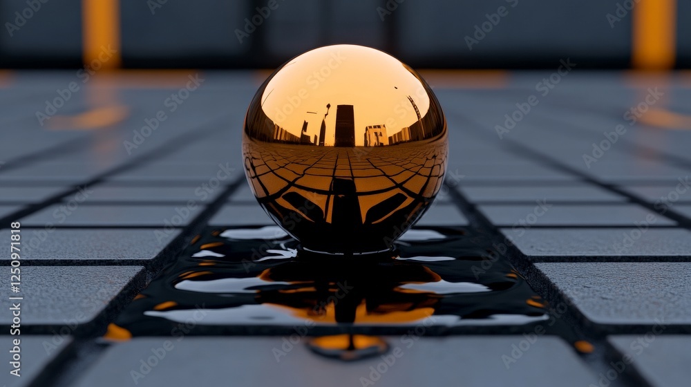 Poster golden sphere's reflection: a close-up shot of a gleaming golden sphere reflecting the surrounding e