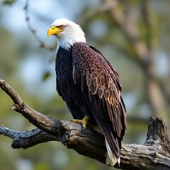 Obraz premium High-resolution stock photo A majestic bald eagle, detailed textured feathers, perched on a weathered tree branch. Commercial quality, professional lighting