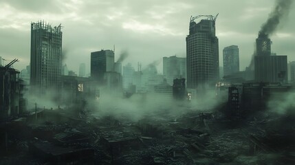 Abandoned Dystopian Cityscape with Foggy Atmosphere and Neon Lights