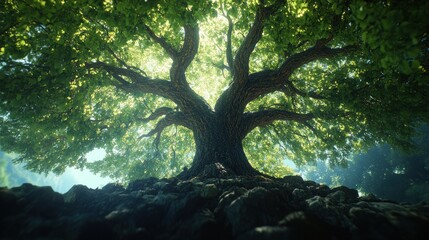 Majestic oak tree sunlit forest nature background, digital art