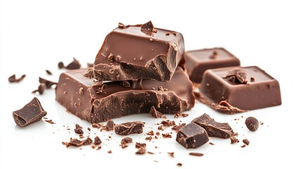 liquid chocolate splash with some pieces of chocolate left isolated on white background