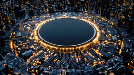 futuristic AI powered analytics system with glowing circuits and data flow