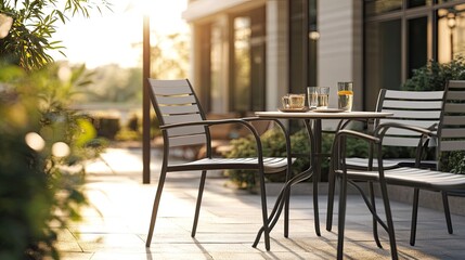 Fototapeta premium Tranquil Outdoor Seating Area with Sunlight and Refreshments on a Terrace