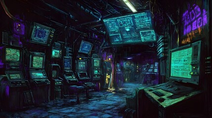 Obraz premium Hideout with Neon Monitors and Hacking Terminals in an Underground Dystopian Setting