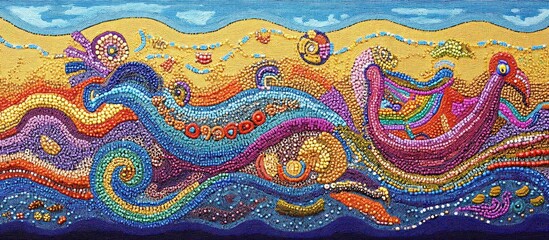 Beaded ocean wave art; sandy beach background; vibrant colors; wall decor