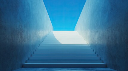 Obraz premium A perspective view of a long, white staircase leading up to an open door,