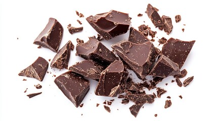 liquid chocolate splash with some pieces of chocolate left isolated on white background