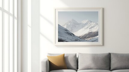 Framed winter mountain landscape art adorns a modern living room