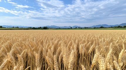 Golden wheat field under bright sky with distant mountains in view