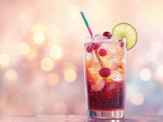 Mocktail with pomegranate juice, soda and lime slices placed on a bar counter and soft background