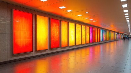 Colorful Subway Passage, Illuminated Panels, Passengers