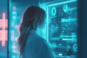 Female doctor analyzing patient data on a holographic screen, soft teal and deep navy hues for a futuristic medical theme
