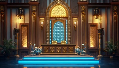 Fototapeta premium An elegant Ramadan podium adorned with golden accents, detailed woodwork, and a soft blue light ambiance