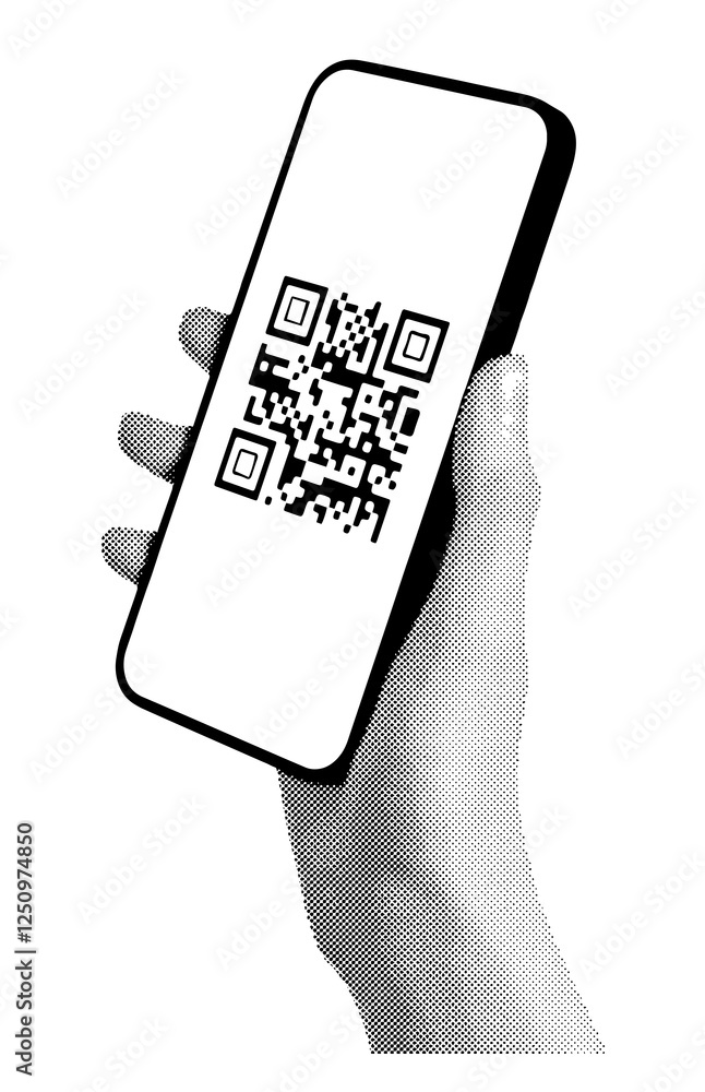 Poster Smartphone displaying QR code for digital payment and identification. Hand holding mobile device for online retail, scanning, and cashless transactions. Isolated on white background.