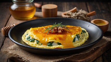 Delicious Cheese and Spinach Omelette in Rustic Kitchen Setting