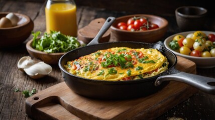 Colorful Omelette with Tomatoes and Cilantro for a Healthy Breakfast on a Rustic Wooden Table