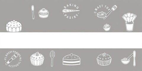 A collection of doodle-style line art illustrations featuring various bakery and pastry elements, perfect for creating banners, logos, and clip art sets, baking, vector, logos