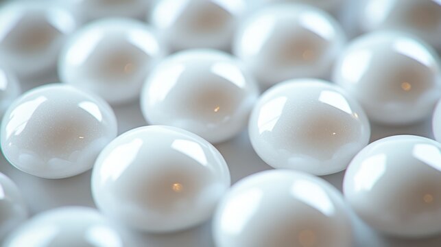 Close-up of white pearls, perfect spherical shape, glossy surface against a white background, macro photography, commercial imagery of mint gumballs, jawbreakers. Bubblegum candies studio shot