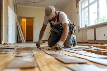 Internal repair of an apartment. A worker is laying tiles or parquet on the floor