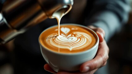 Pouring creamy latte art into a cup of coffee beverage close up view