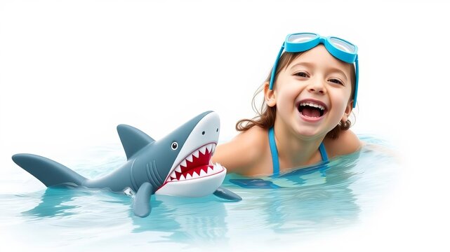 A girl in goggles and blue swimsuit holding toy shark laughs near river pool, goggles, girl, river