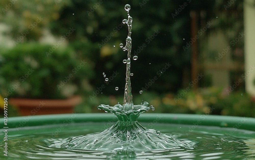 Poster water drop splash on green basin; garden background; abstract; close-up; still life; high-speed shot
