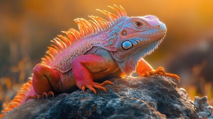 Fototapeta premium A colorful iguana basking on a rock in the bright sunlight