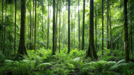Obraz premium Lush rainforest scene with towering trees and vibrant greenery