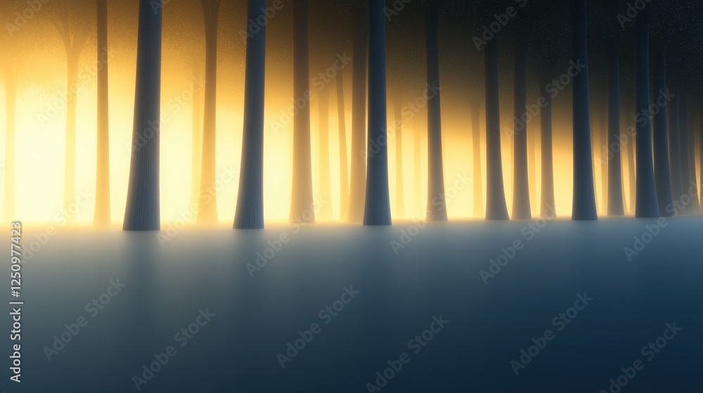 Poster a serene forest scene with soft lighting and tall trees creating a tranquil atmosphere.