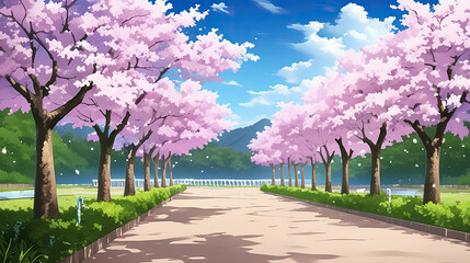 Paved road in a serene anime setting with a student peacefully napping under a tree during a quiet afternoon