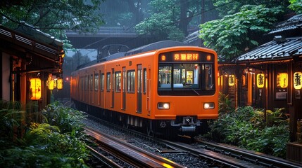 Naklejka premium Orange train passing through lush greenery and traditional buildings at dusk