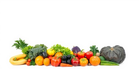 A wide panoramic photo of various colorful fruits and vegetables isolated on a white background, diet, produce, colorful