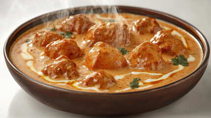 Steaming_pieces_of_tender_chicken_simmer_in_a_creamy,_golden-brown_sauce,_served_on_a_dark_rimmed_dish_with_a_sprinkle_of_fresh_greens.