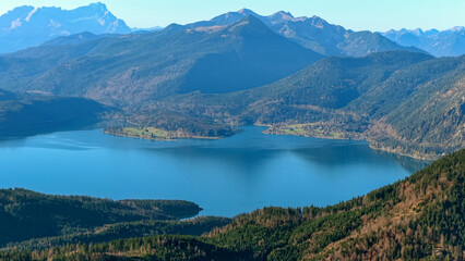 Fly Over the Bavarian Landscape from the Hirschhörnlkopf towards the Walchensee and the Jochberg peak range