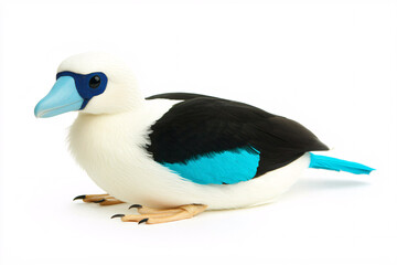 Fototapeta premium Stuffed bird with white head, light blue beak, black and turquoise wing feathers.
