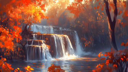 Serene Autumn Waterfall in Vibrant Forest