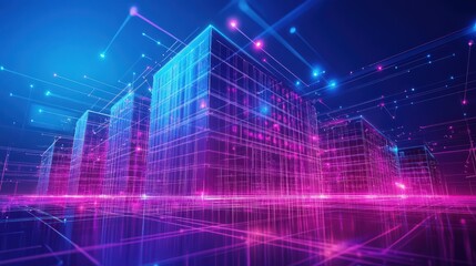 Obraz premium A futuristic digital twin of a corporate headquarters, holographic buildings pulsating in shifting neon blue and digital magenta light 