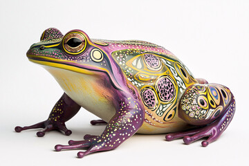 Colorful, whimsical frog figurine with intricate, painted patterns and textures, set against a plain white background.