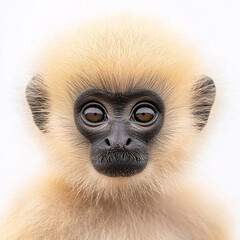 Obraz premium A close-up portrait of a young gibbon with curious, soulful eyes and soft, pale fur against a bright background.