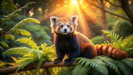 Fototapeta premium Adorable red panda resting on a branch in a vibrant forest setting