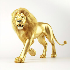 Obraz premium Golden lion statue striding confidently forward, its mane flowing and its form gleaming against a plain white background.