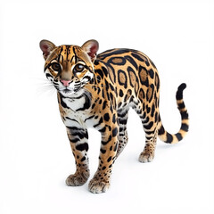 Fototapeta premium Ocelot with spotted, golden fur stares forward on a plain, white background, showcasing its feline features and striking pattern.