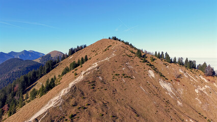 Fly Over the Bavarian Landscape from the Hirschhörnlkopf towards the Walchensee and the Jochberg peak range